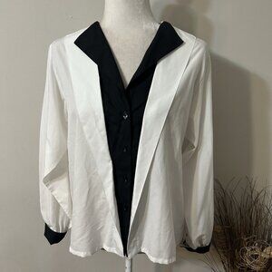Vtg Judy Bond Long Sleeve Button Up Blouse Black White Faux Layered Tuxedo Sz 10